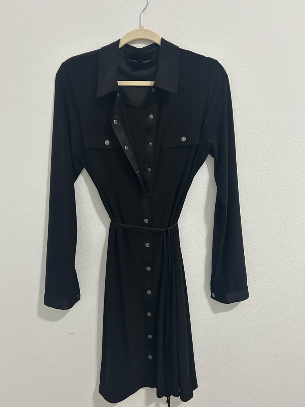 White House Black Market Black Long-Sleeve Shirt Dress with Self-Tie Waist